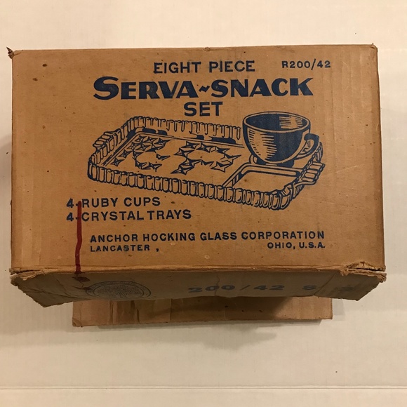 Set Of 2 Vintage Anchor Hocking Serva-Snack Clear Crystal Trays & Ruby R… - Picture 9 of 12